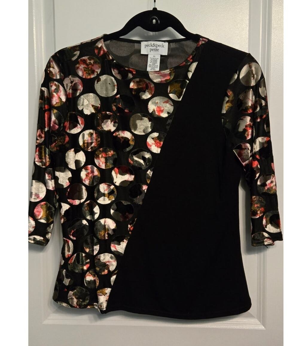 Peck & Peck Petite Womens PS 3/4 sleeve Black Sheer Velvet Mixed-Material Fairy